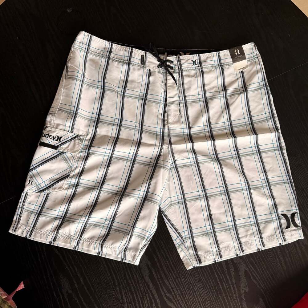 Hurley Men's Plaid Board Shorts White Blue Black Size 42 22" Length